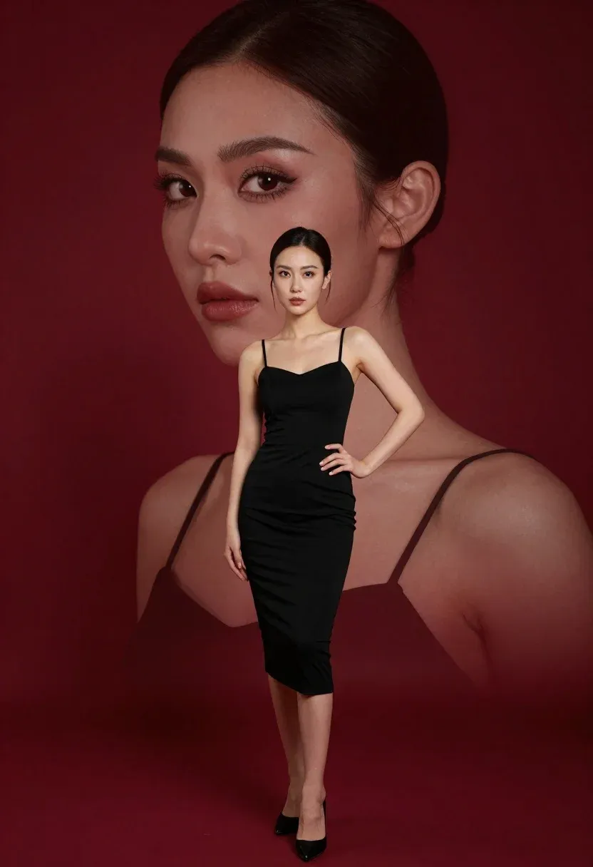 Surreal Portrait Featuring Woman Two Scales Against Deep Red Background