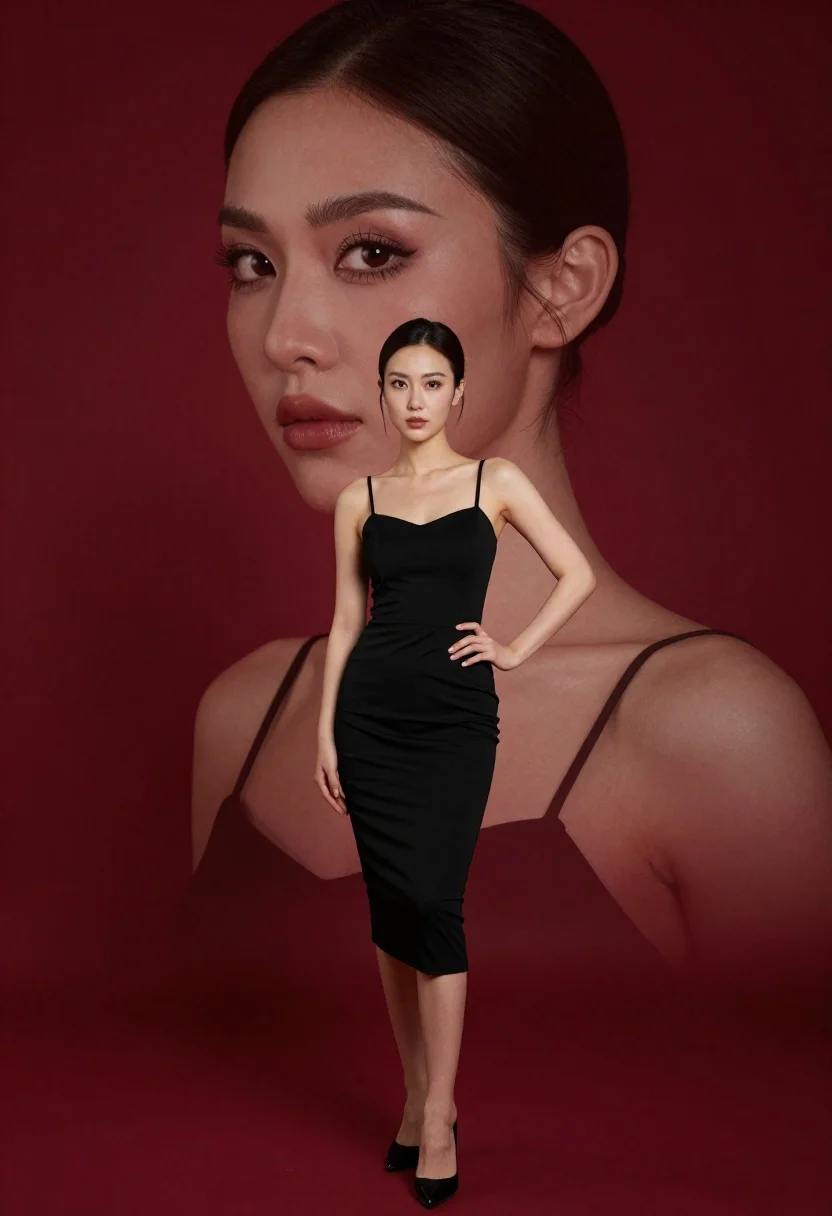 A surreal portrait of a woman positioned in two scales, featuring soft studio lighting and a deep red background.