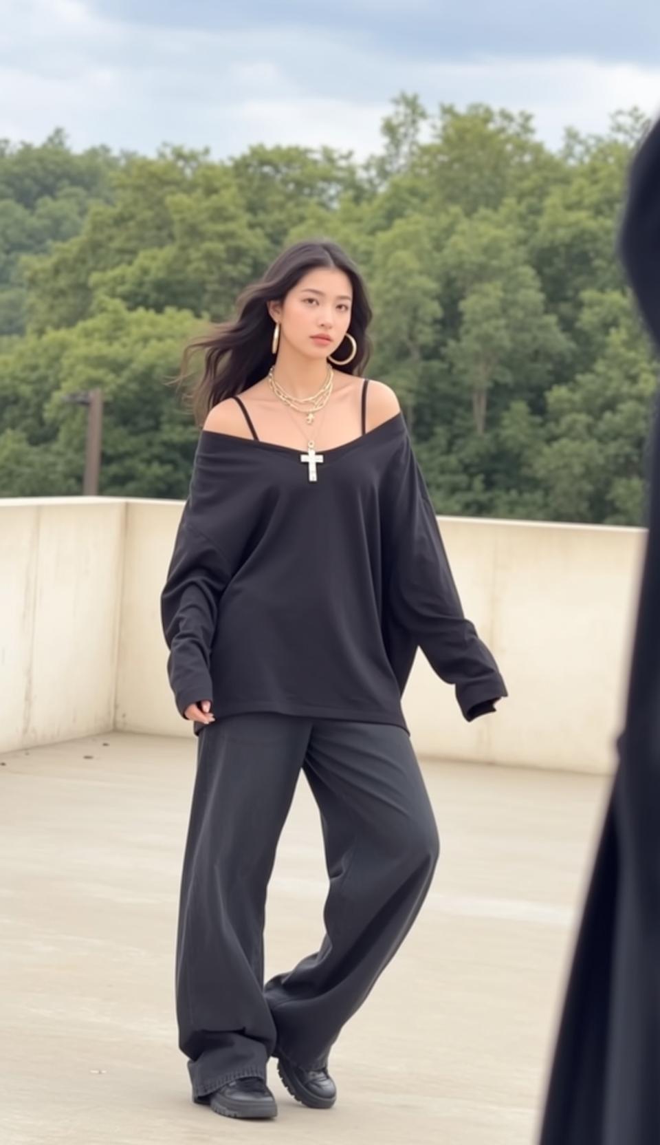 Asian Woman Rooftop Fashion Black Outfit Gold Necklace