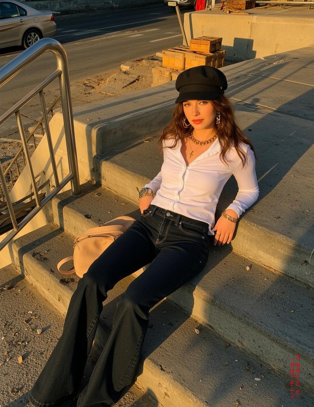White Shirt and Flare Jeans Stairs