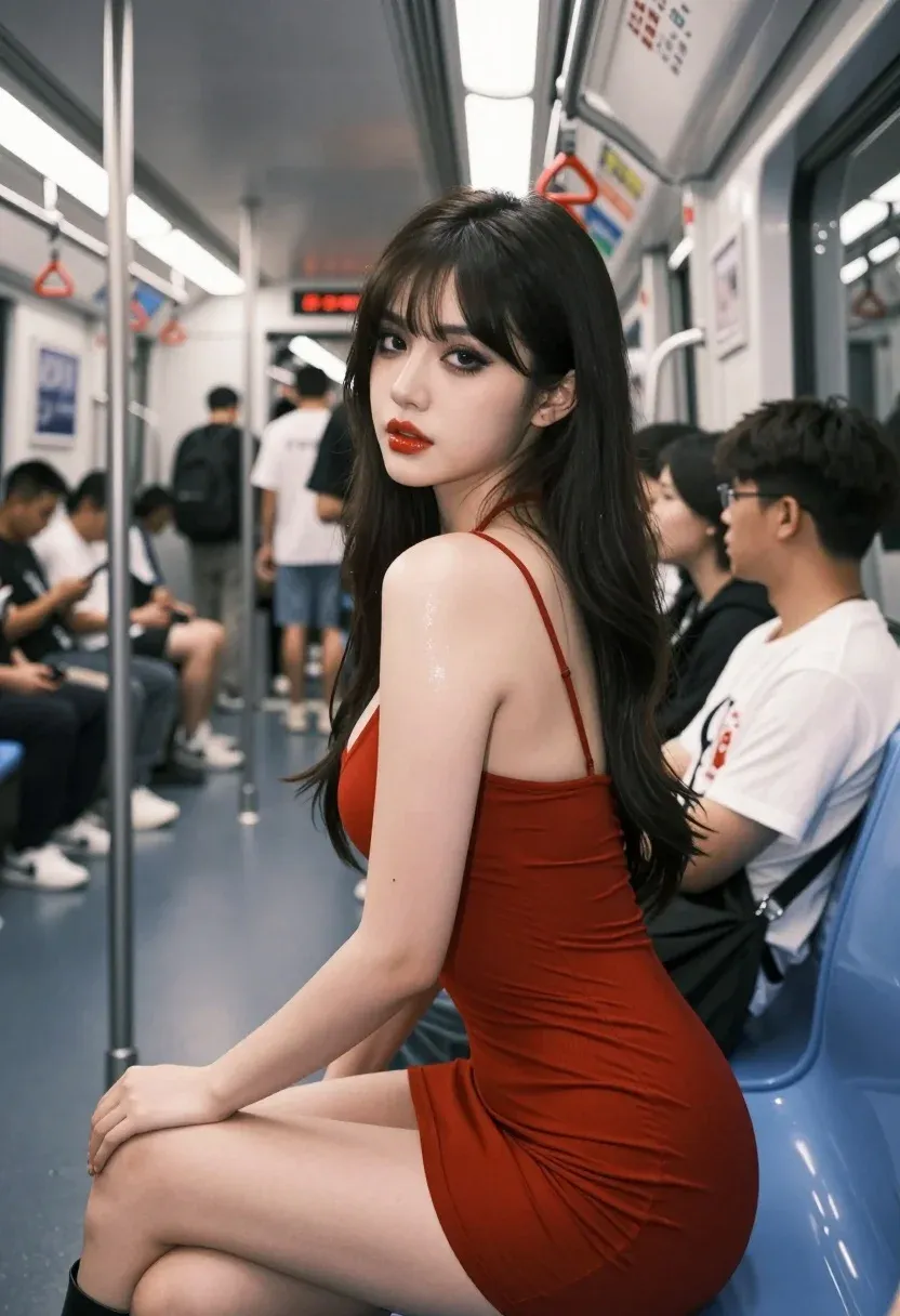 Woman Red Dress Sits Inside Crowded Subway Car Looking Over