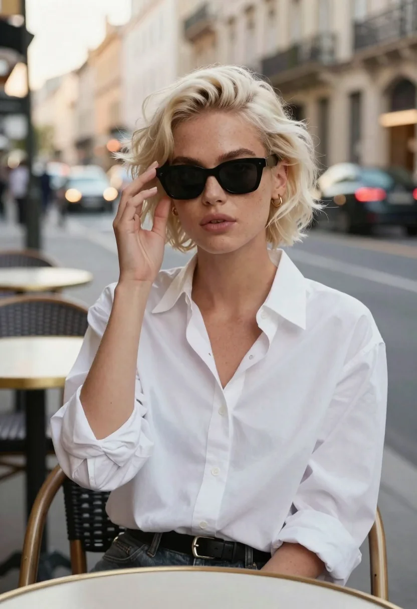 Stylish Woman With Platinum Blonde Wavy Hair Sits Outdoor Cafe