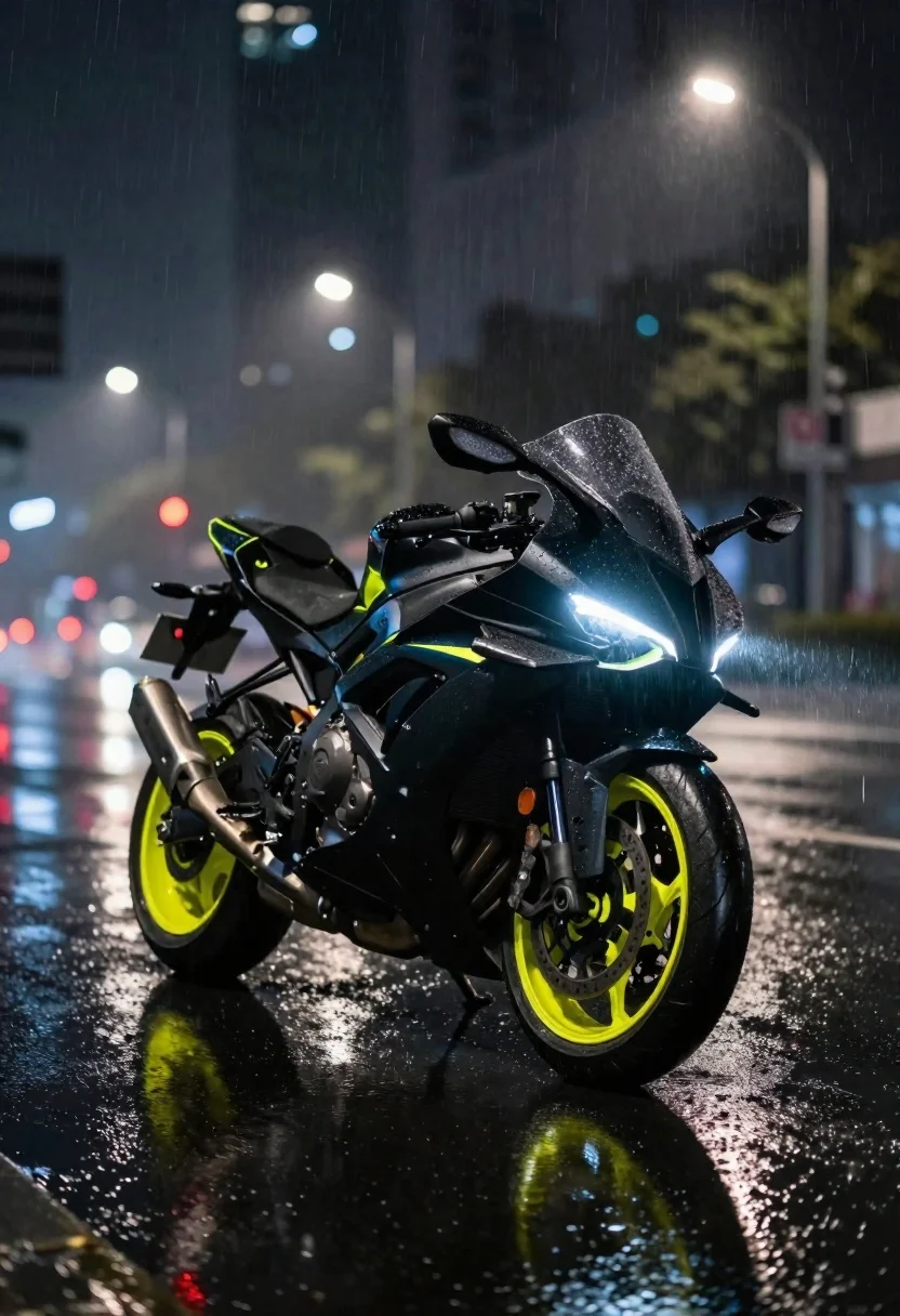 Sleek Futuristic Motorcycle Parked Wet City Street Night Subject Matte reference photo