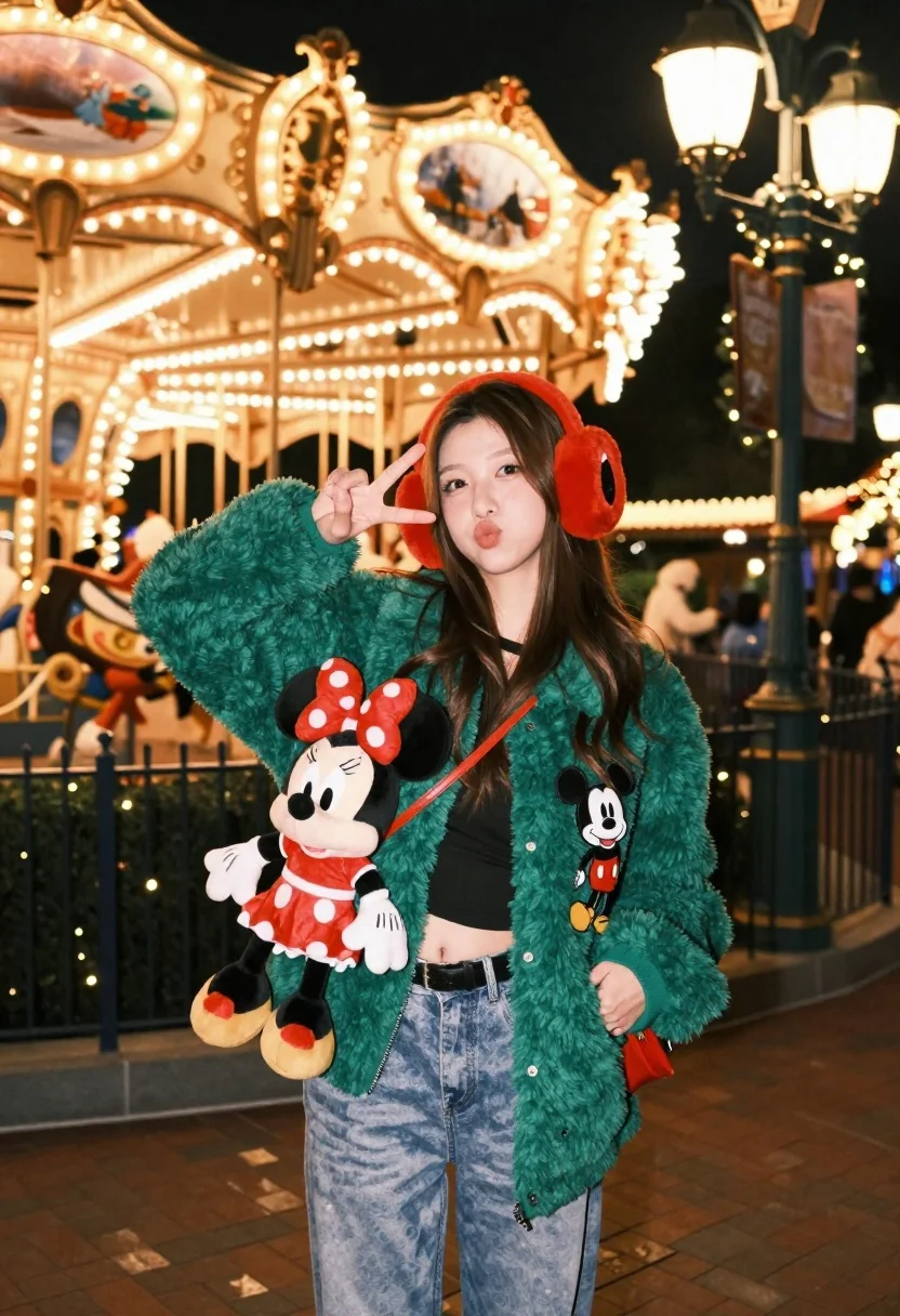 Young Woman Stands Festive Nighttime Setting Posing With Playful Expression