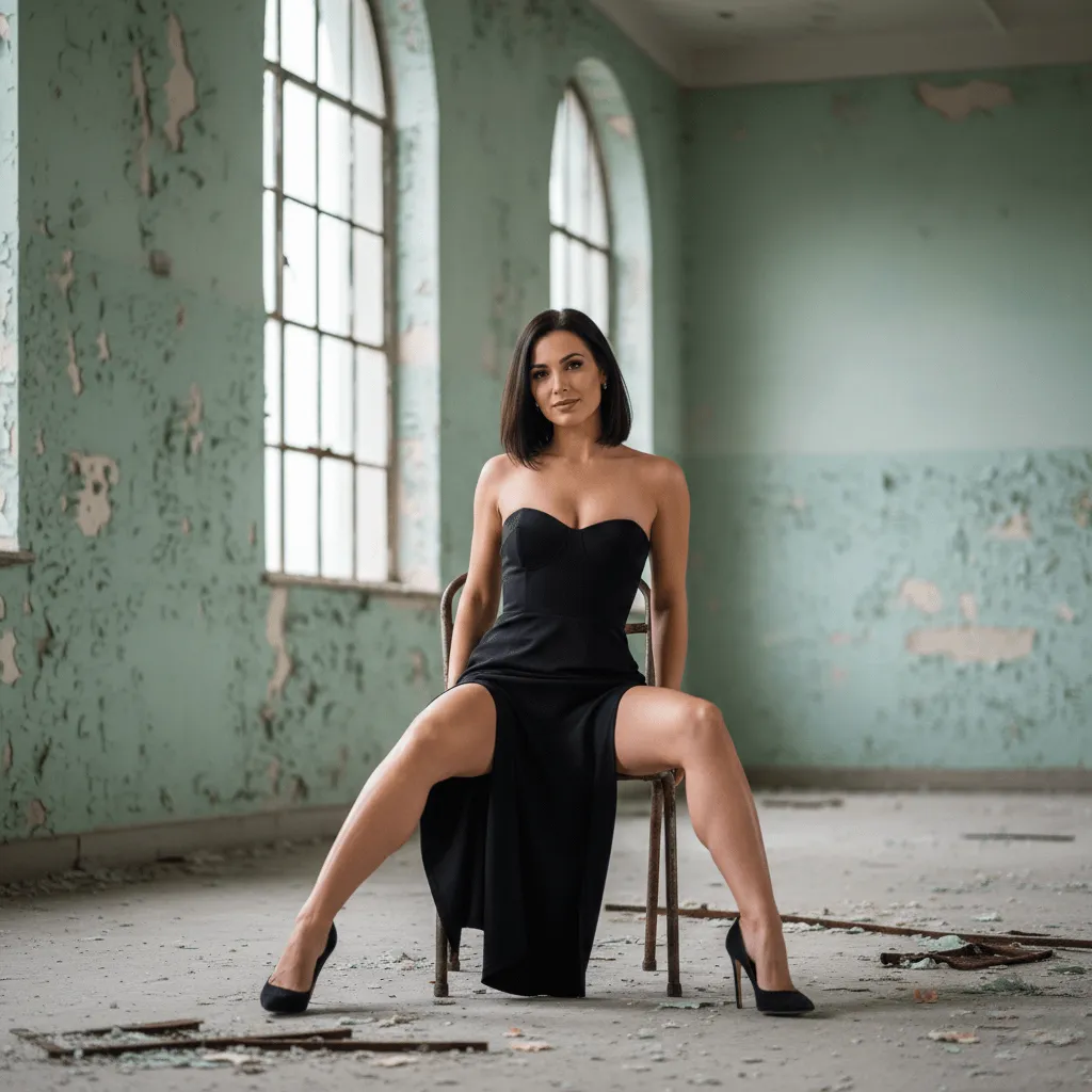 Black Dress Abandoned Industrial Building Seated Chair