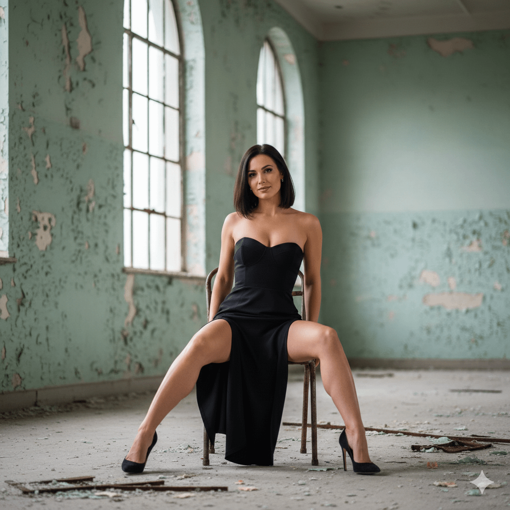 Black Dress Abandoned Industrial Building Seated Chair