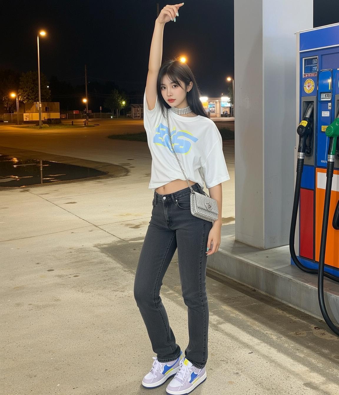 Explore Young Stands Gas Station Night Her