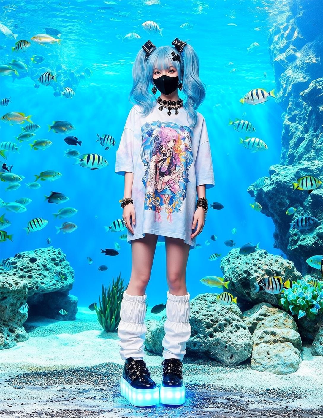 White Leg Warmers Light Blue Tie Underwater Scene Sandy Seabed