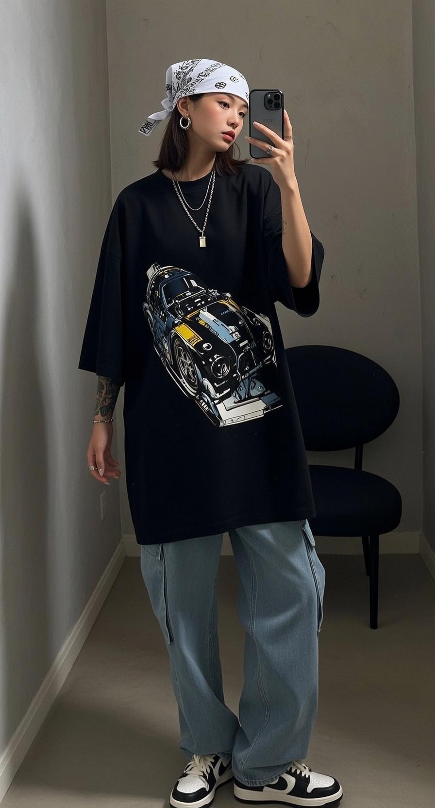 Girl In Race Car Tee Taking Selfie In Hallway