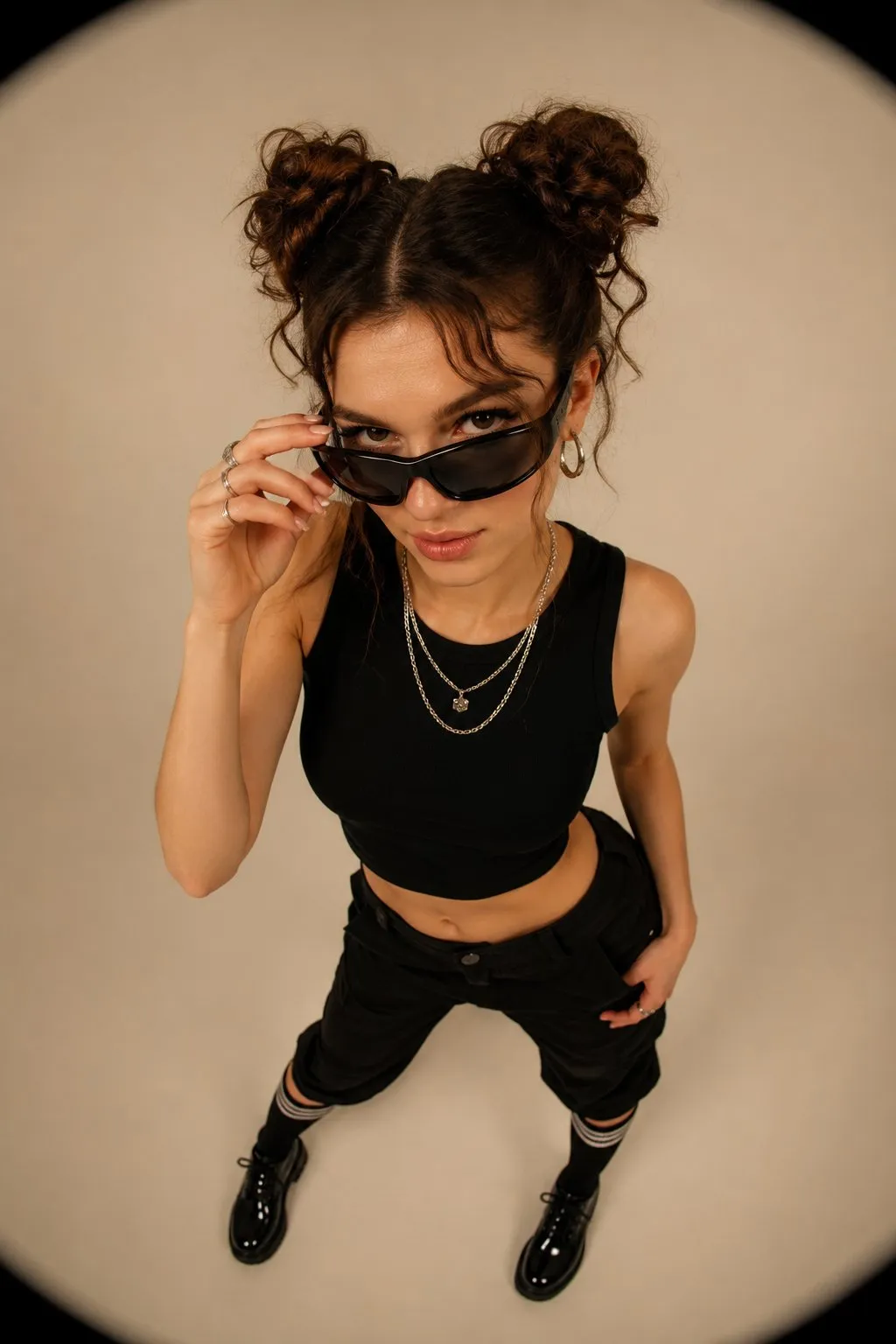 Sunglasses And Earrings And Necklace With Black Sleeveless Crop Top