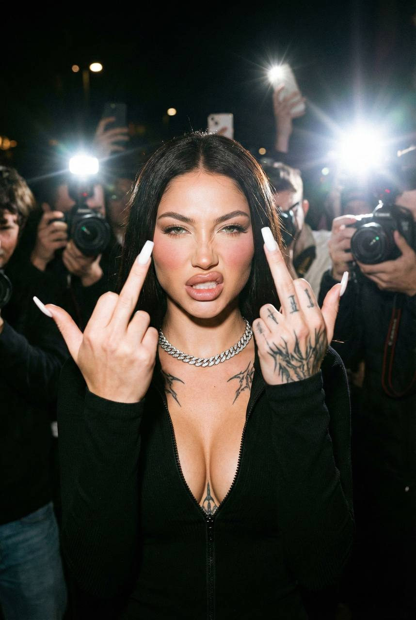 A rebellious woman in a night crowd, giving a middle finger gesture with a confident expression, wearing a black top and statement jewelry.