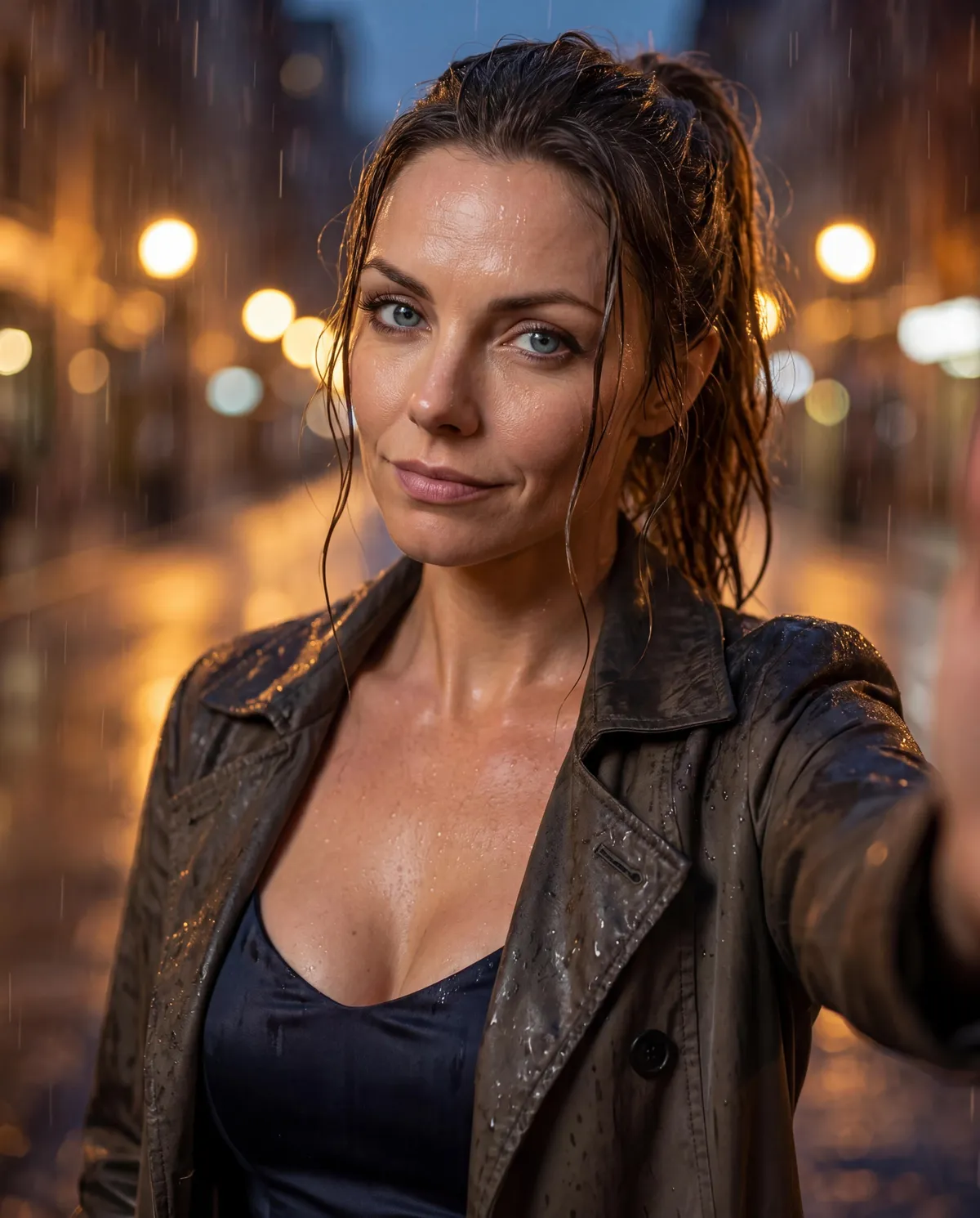 Selfie In Rain On City Street At Night