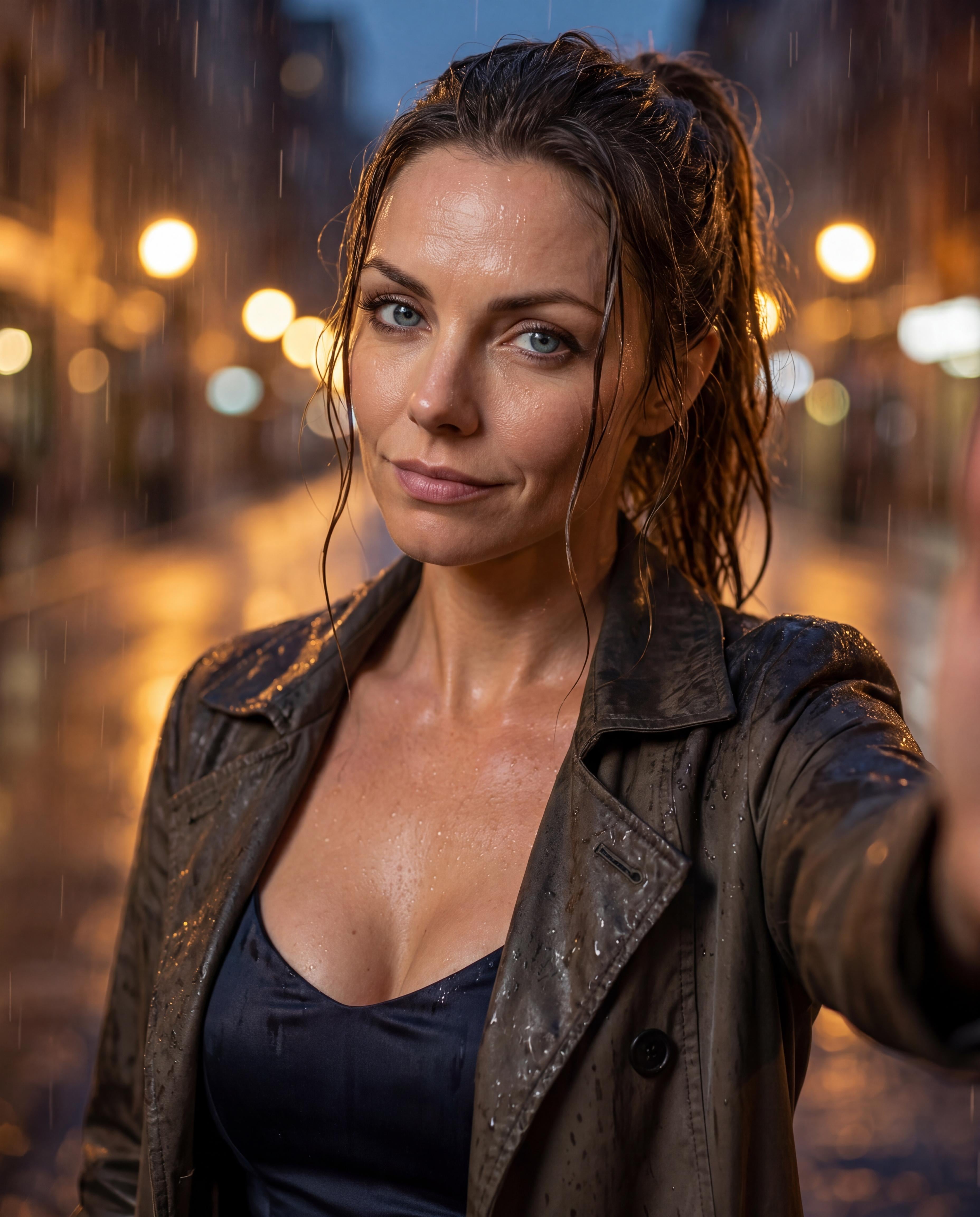 Selfie In Rain On City Street At Night