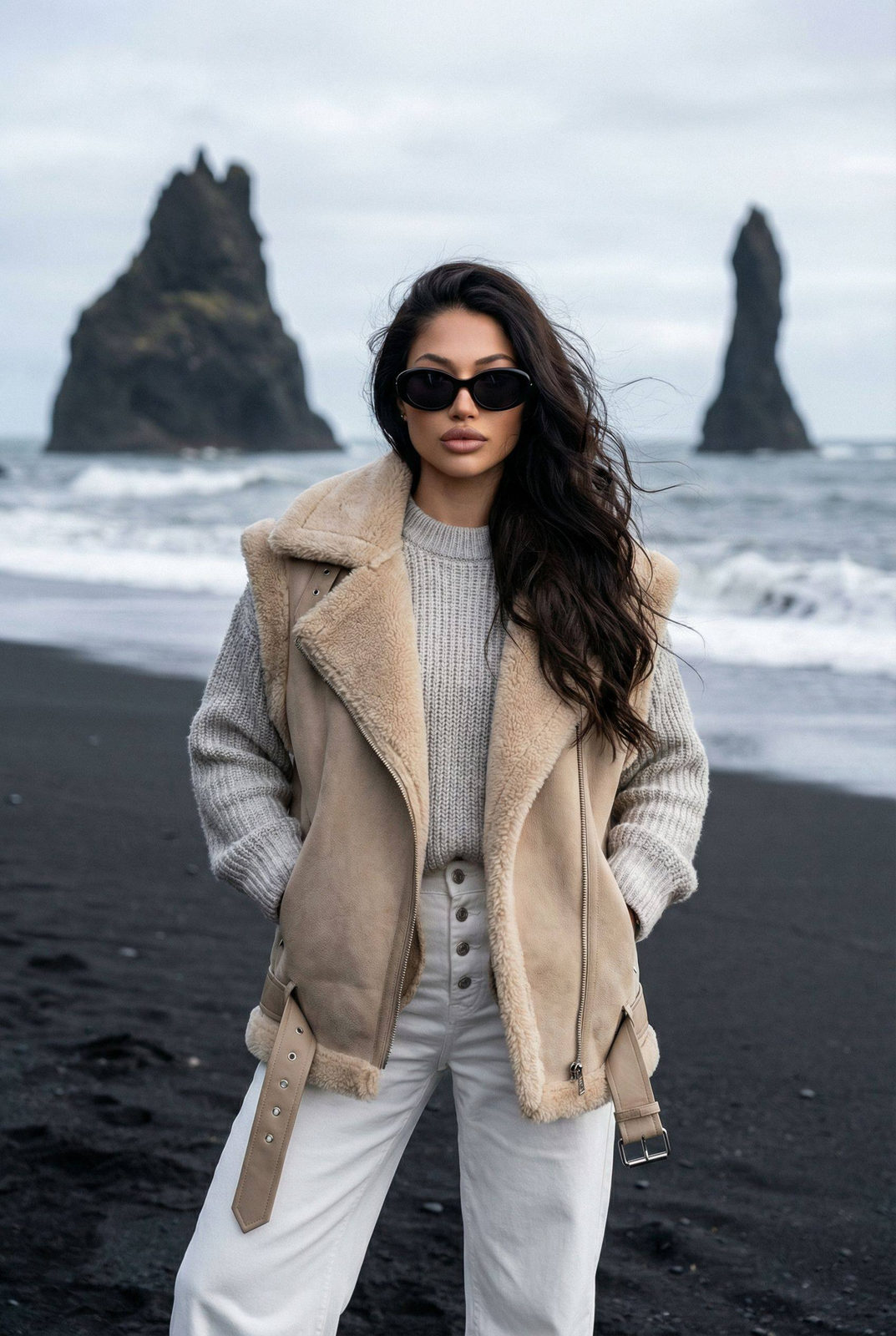 A woman in an oversized beige shearling vest stands on a black sand beach with waves and dramatic sea stacks in the background, looking confidently at the camera.