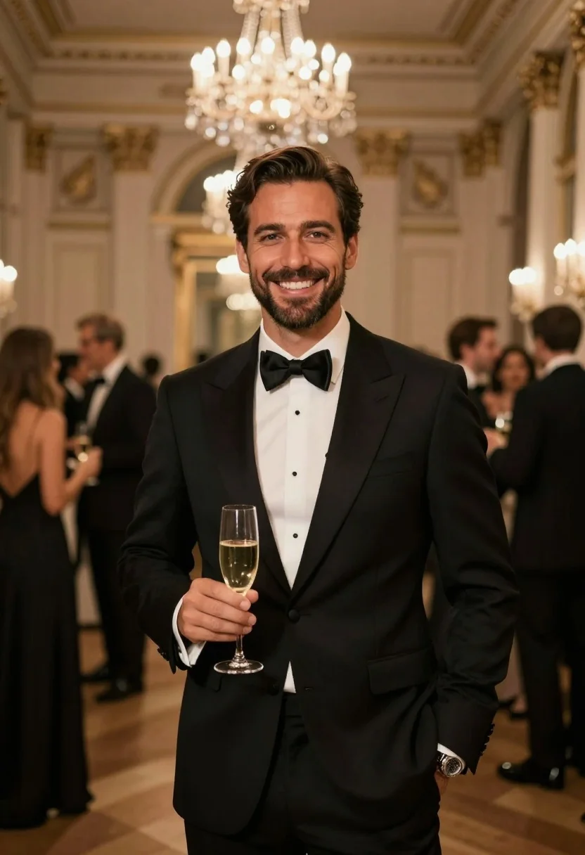 Handsome Man Formal Black Tuxedo Smiles Warmly The Camera While