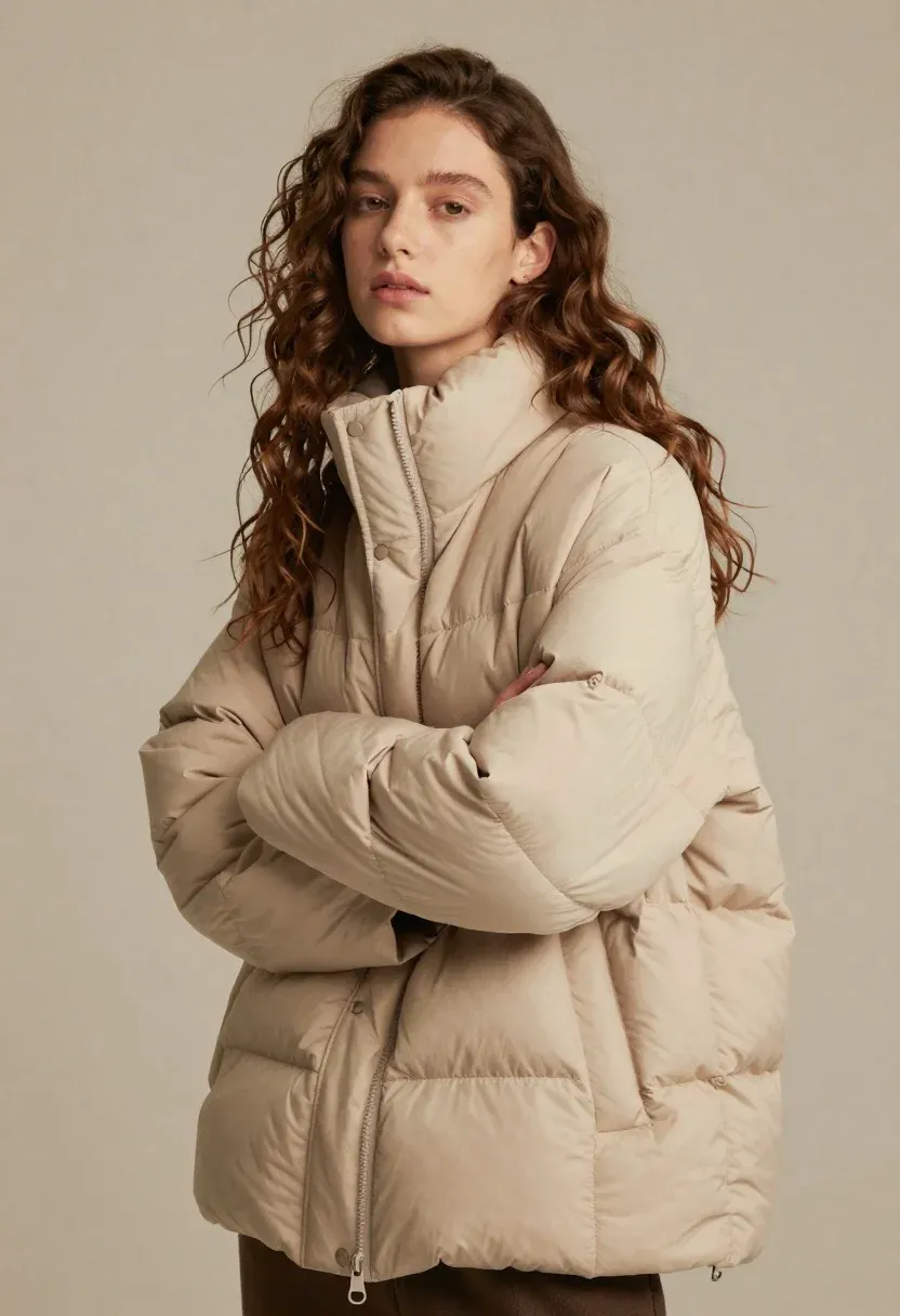 Young Woman With Long Wavy Brown Hair Stands Three-quarter Pose