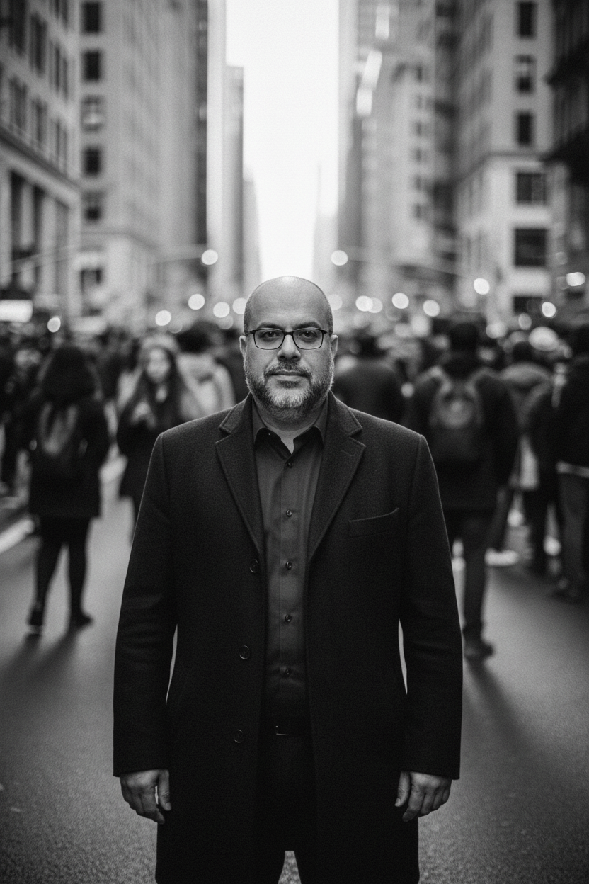 A black-and-white street portrait of a serious man in a dark coat amidst a blurred busy crowd, showcasing sharp focus and natural lighting.