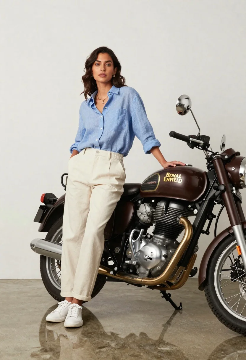 Stylish Woman Poses Confidently Next Vintage Motorcycle Minimalist Studio Setting