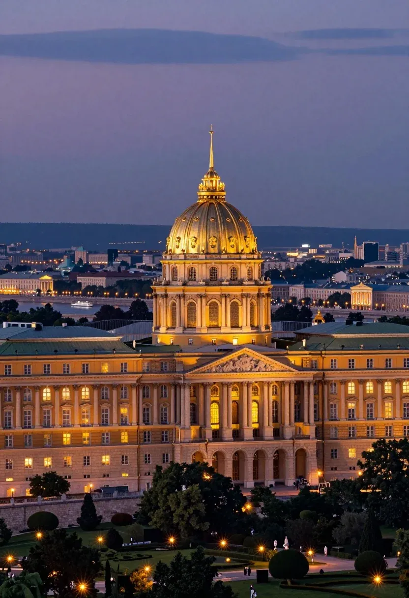 Majestic Golden-domed Palace Illuminated Against Twilight Sky Overlooking Sprawling Cityscape