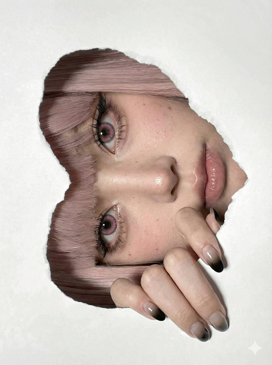 A young woman with straight dusty ash-pink hair and mauve-pink irises, peering through a heart-shaped hole in white paper.