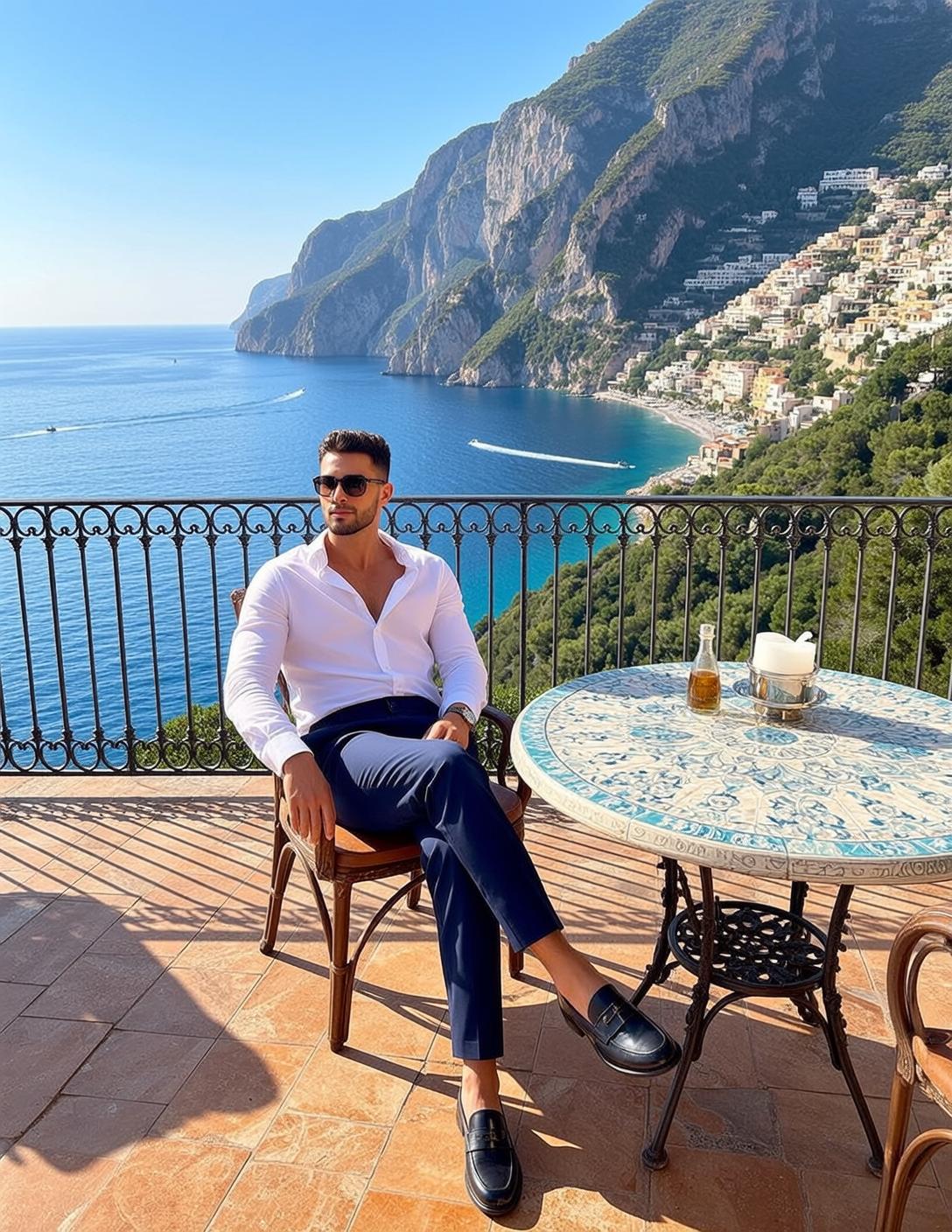 Coastal Balcony Sunglasses Pose