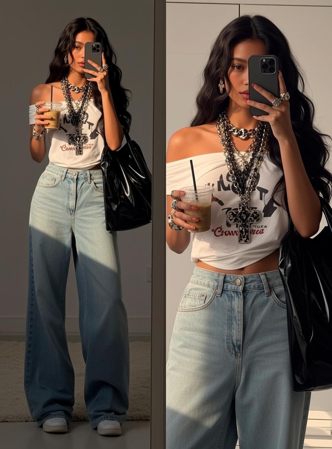 Cross Necklace Holding Iced Coffee And Phone