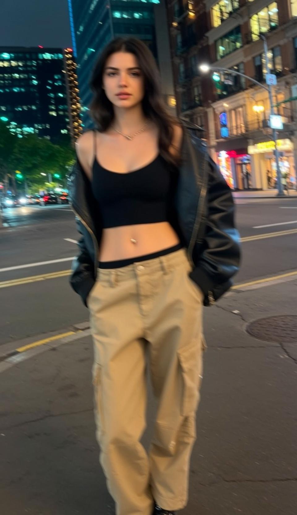Night City Street Candid Young Woman Black Crop Top