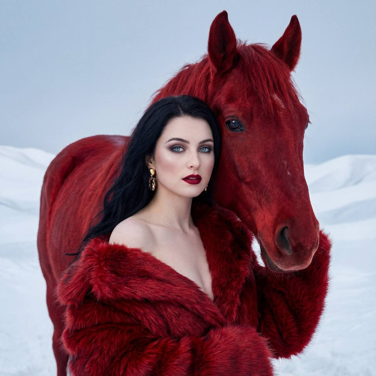 A woman with porcelain skin and ice-blue eyes draped in a luxurious red fur coat, alongside a majestic red horse in a snowy landscape.