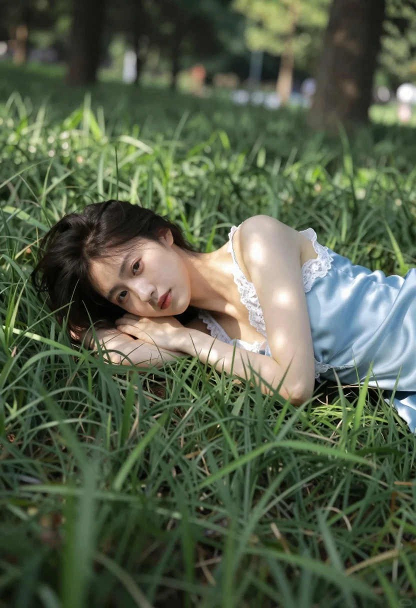 Young Woman With Dark Hair Lies Tall Green Grass Looking reference photo