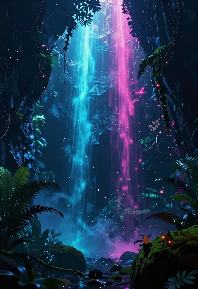 Digital Painting Mystical Underwater Jungle Canyon With Two Glowing Streams