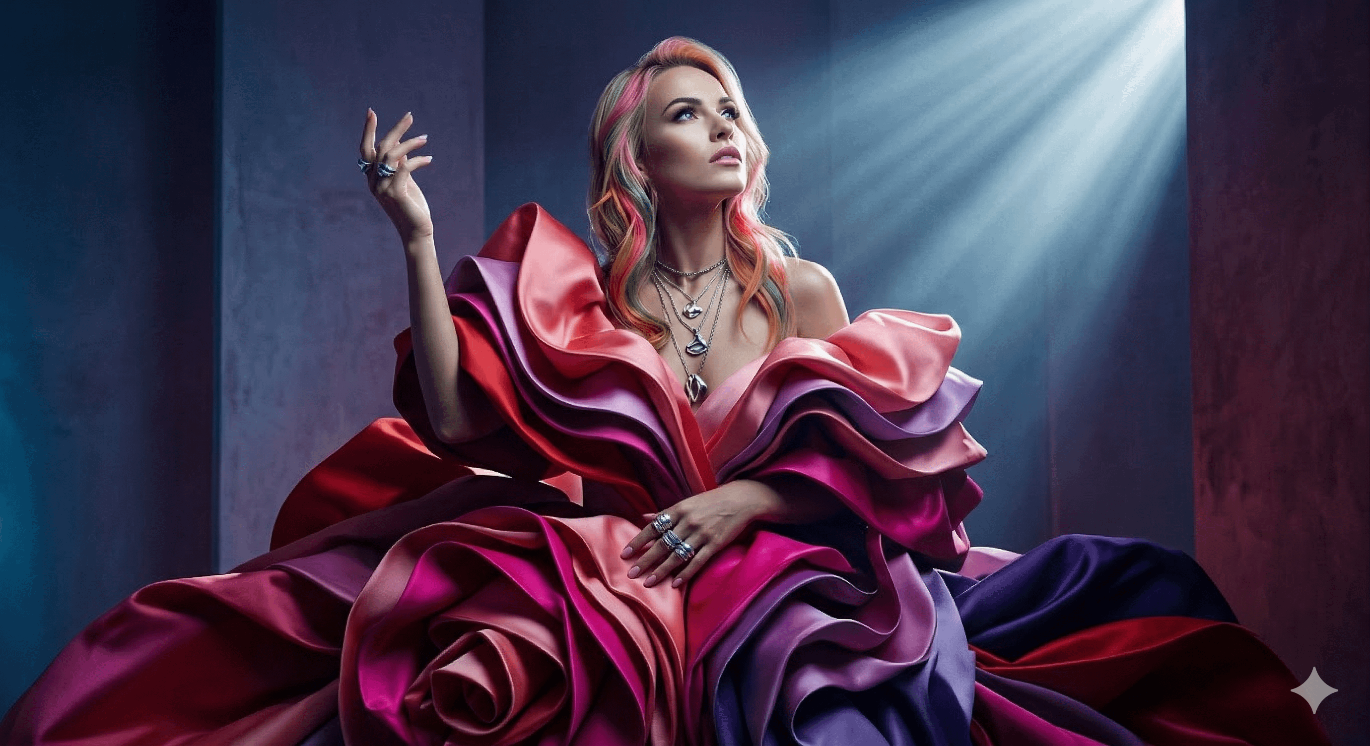 Sits Regally Draped In Extravagant Voluminous Gown Composed Layered Ruffled