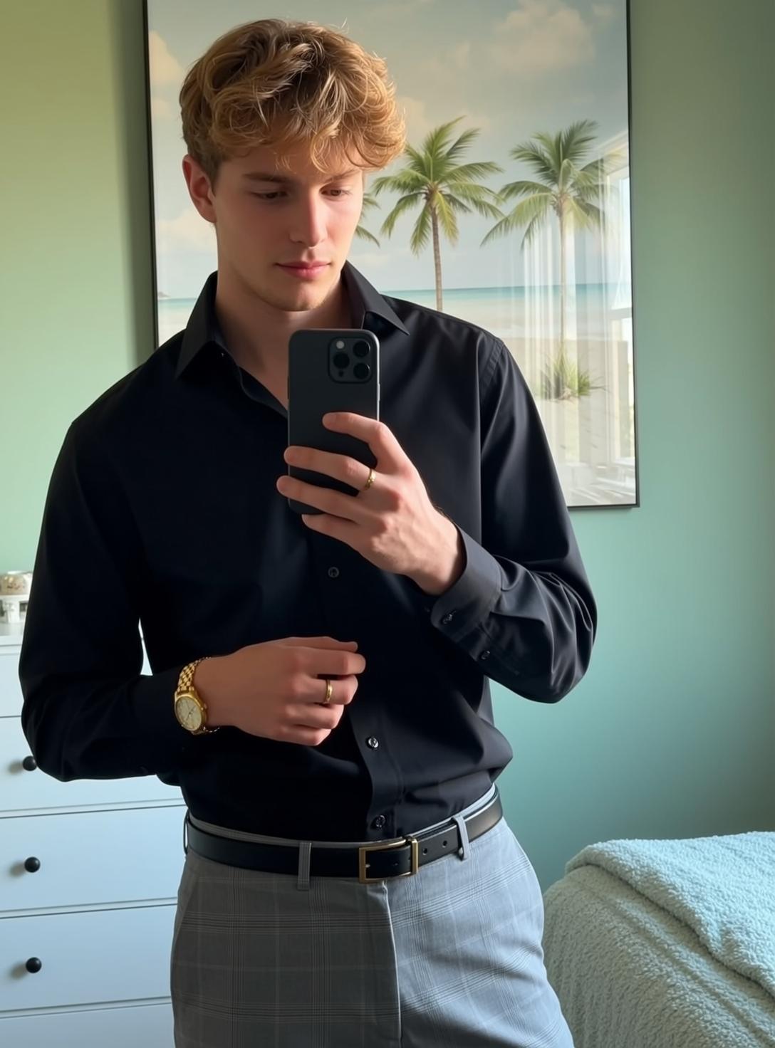 Young Blond Curly Fair Black Long-sleeved Button-up