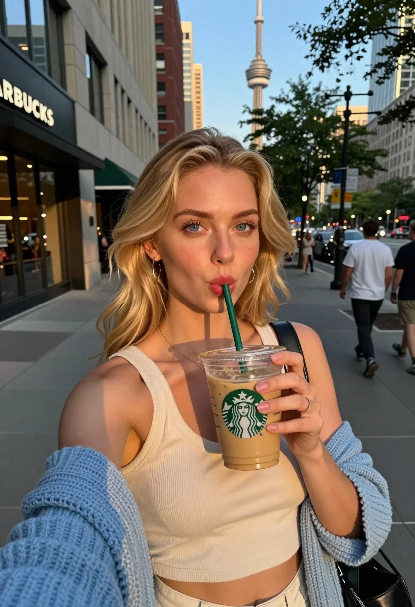 Young Woman With Blonde Hair Takes Selfie While Sipping Iced