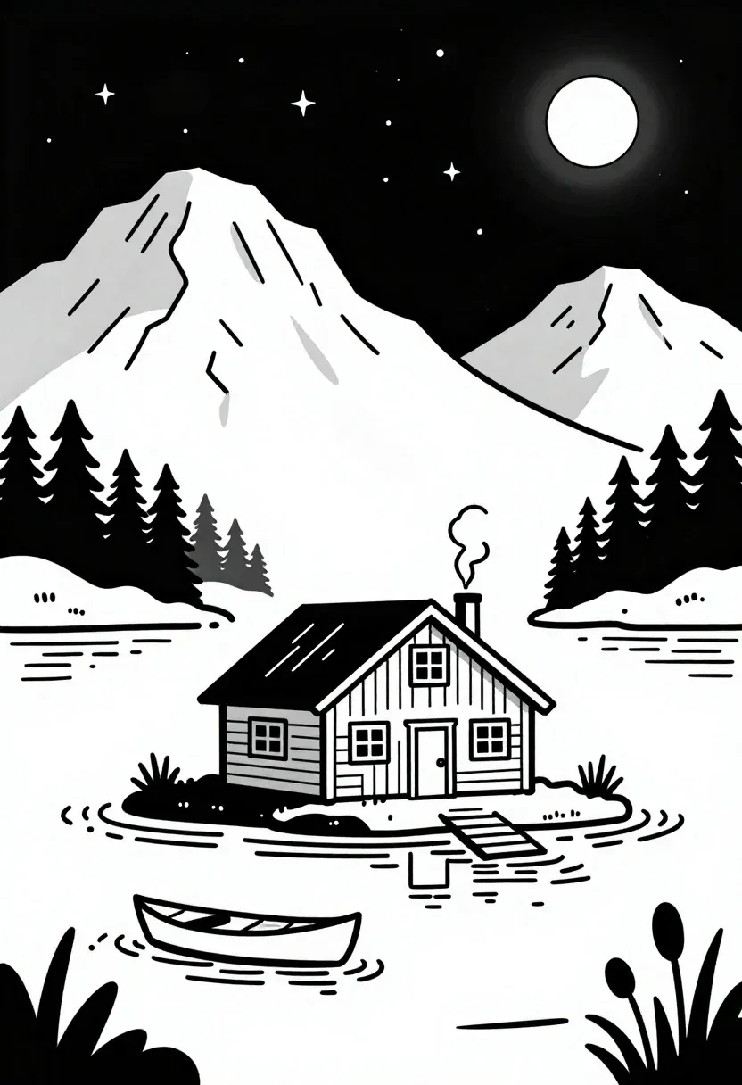 Black And White Line Drawing Illustration Cozy Cabin Scene Night