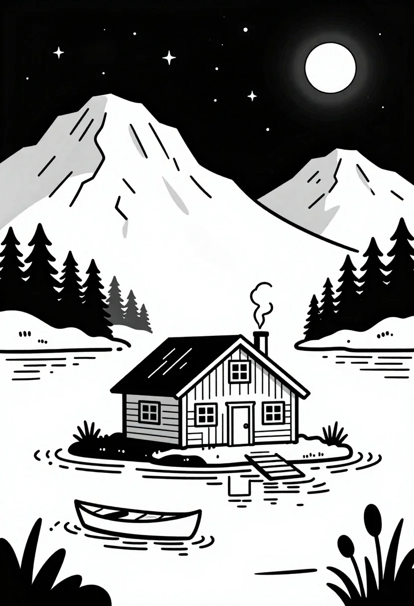 Black And White Line Drawing Illustration Cozy Cabin Scene Night reference photo