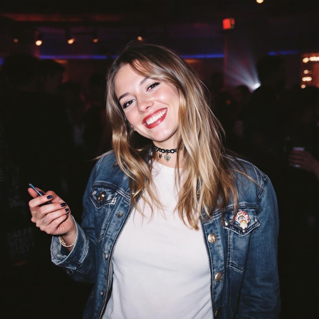 A smiling person in a denim jacket holding a phone at a crowded indoor event, with a blurred background and direct flash highlights.