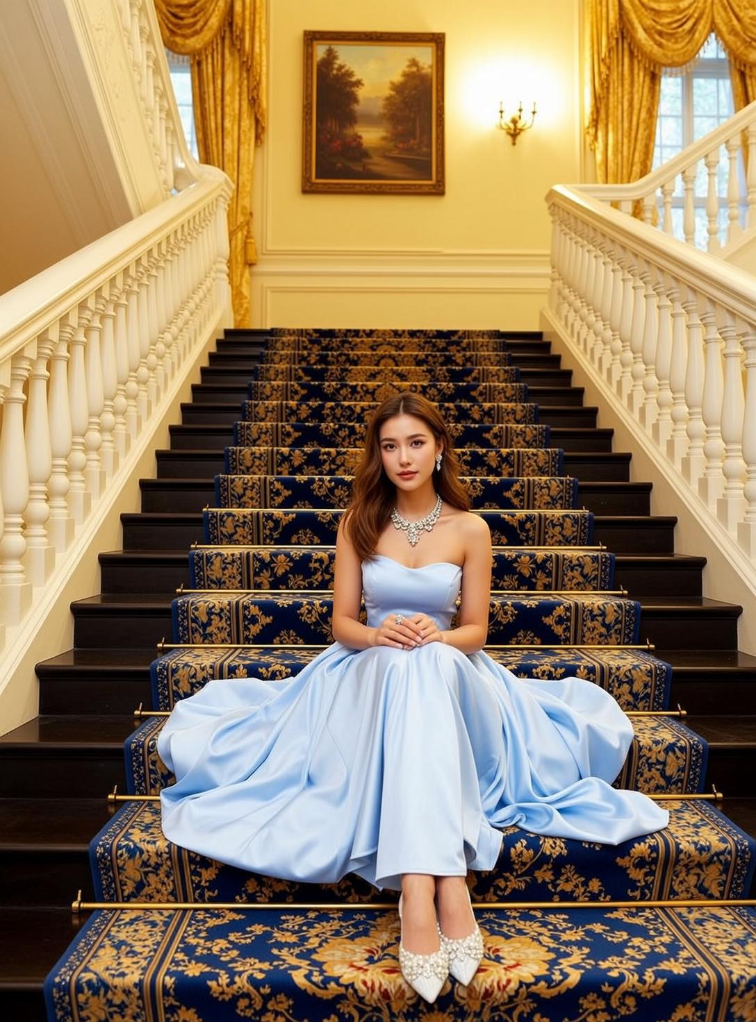 Blue Satin Gown Staircase