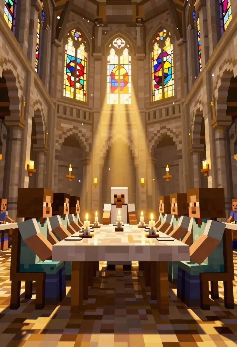 Dramatic Low-angle Shot Grand Cathedral Dining Hall Filled With Golden