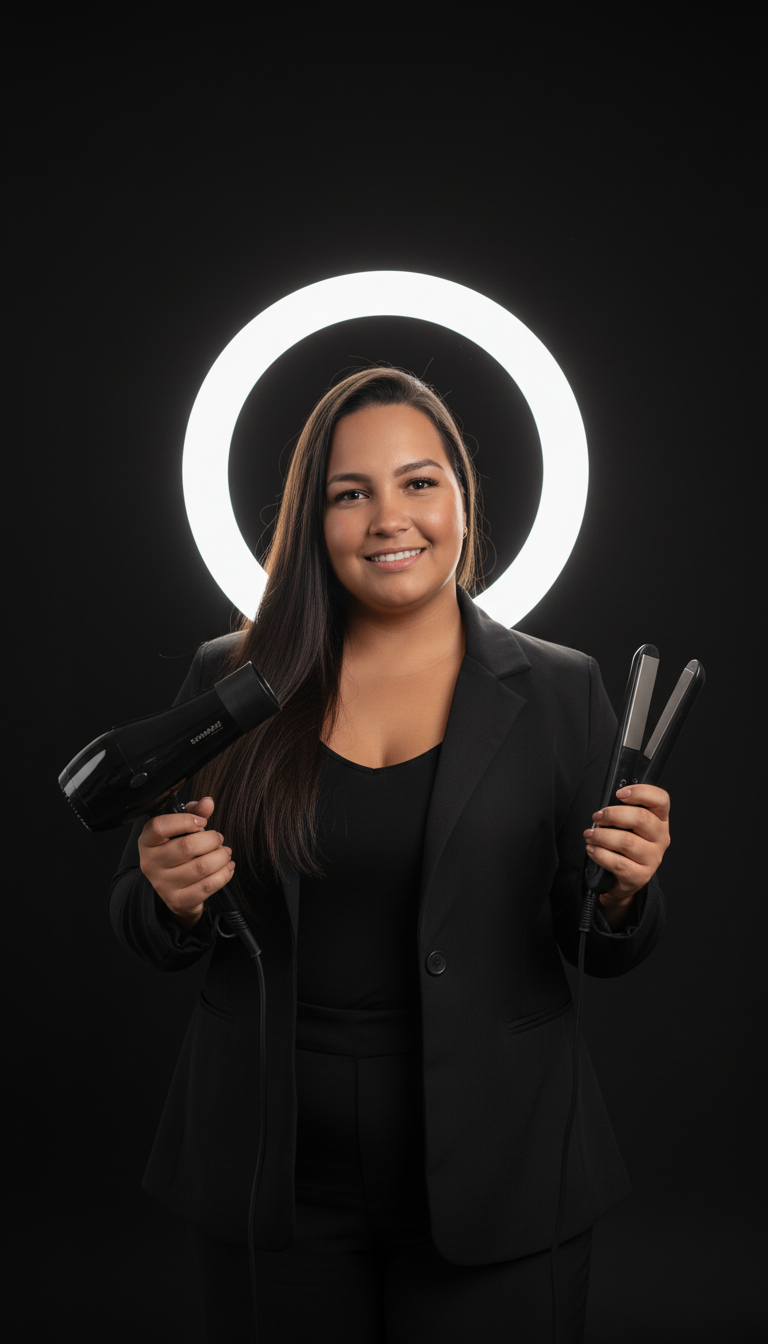 Portrait of a female hairstylist in elegant clothing against a black background with a glowing ring light.