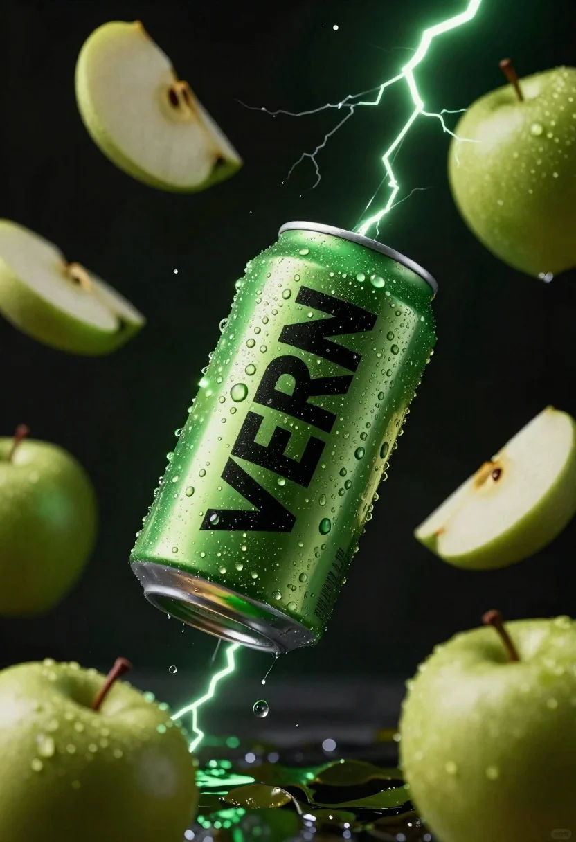 Hyper-realistic Product Shot Green Energy Drink Can Suspended Mid-air Amidst