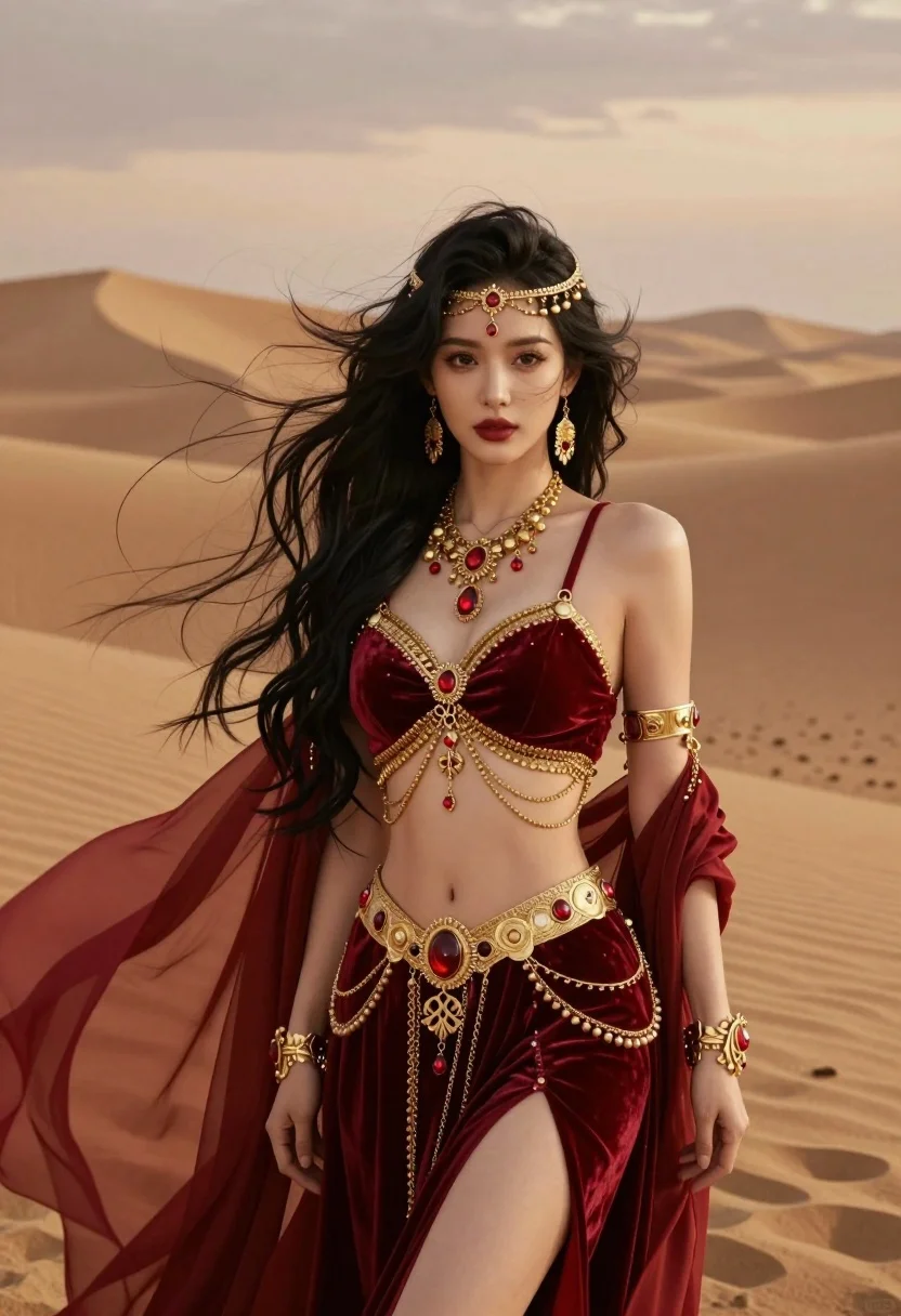 A striking woman with dark hair blows in the wind in a vast desert during twilight, adorned in deep red attire and gold jewelry.