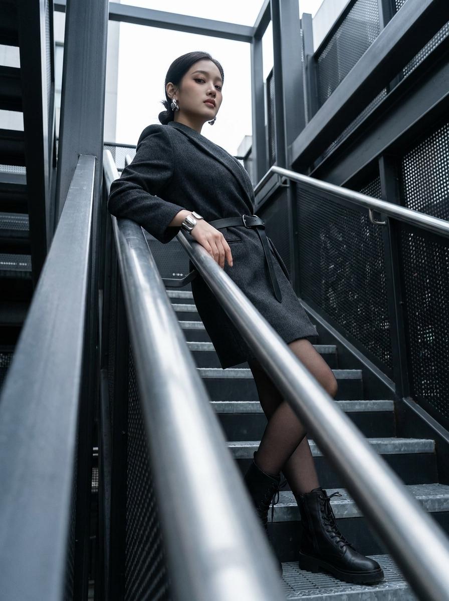 Modern Industrial Stairwell Fashion Editorial Low Angle Shot