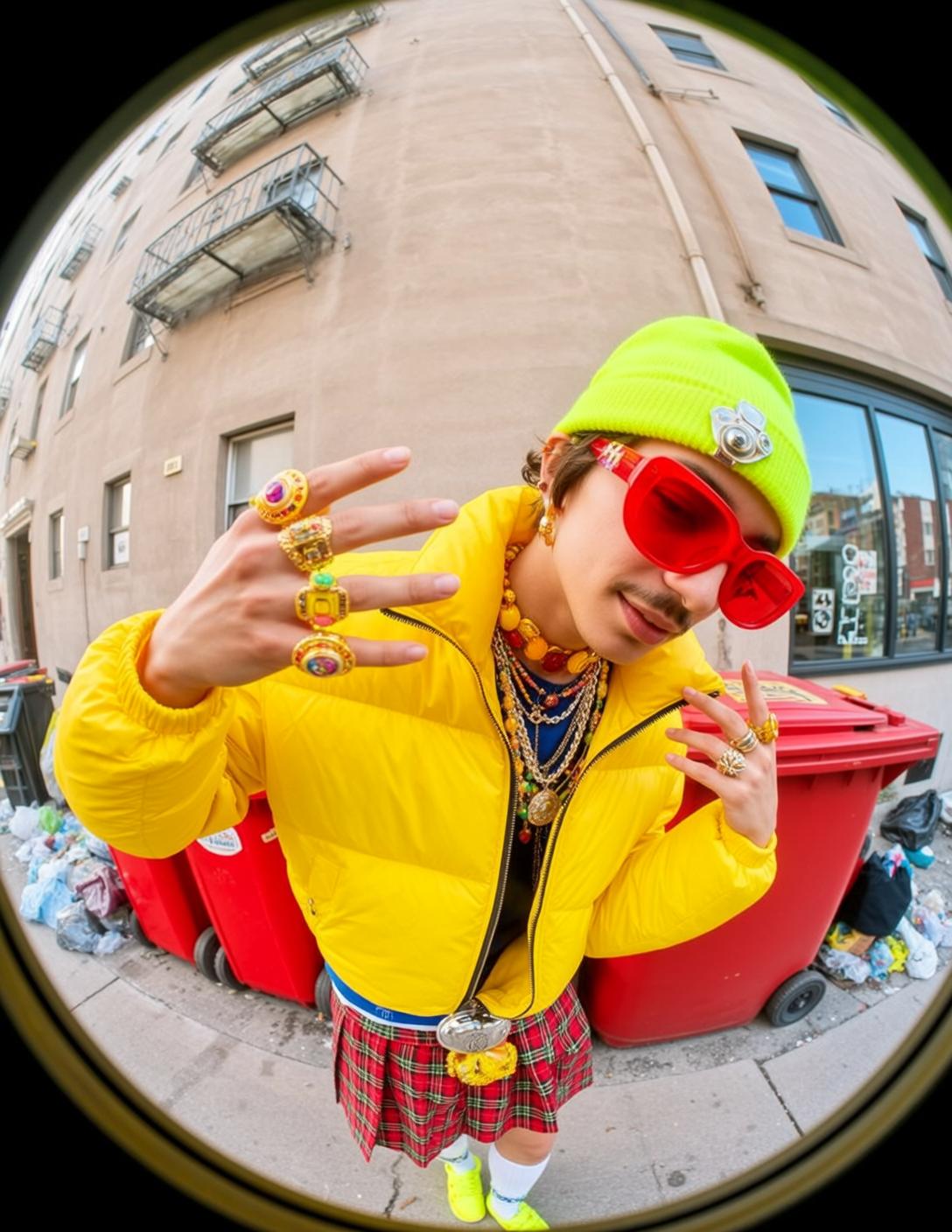 Mustache Puffer Jacket Plaid Skirt