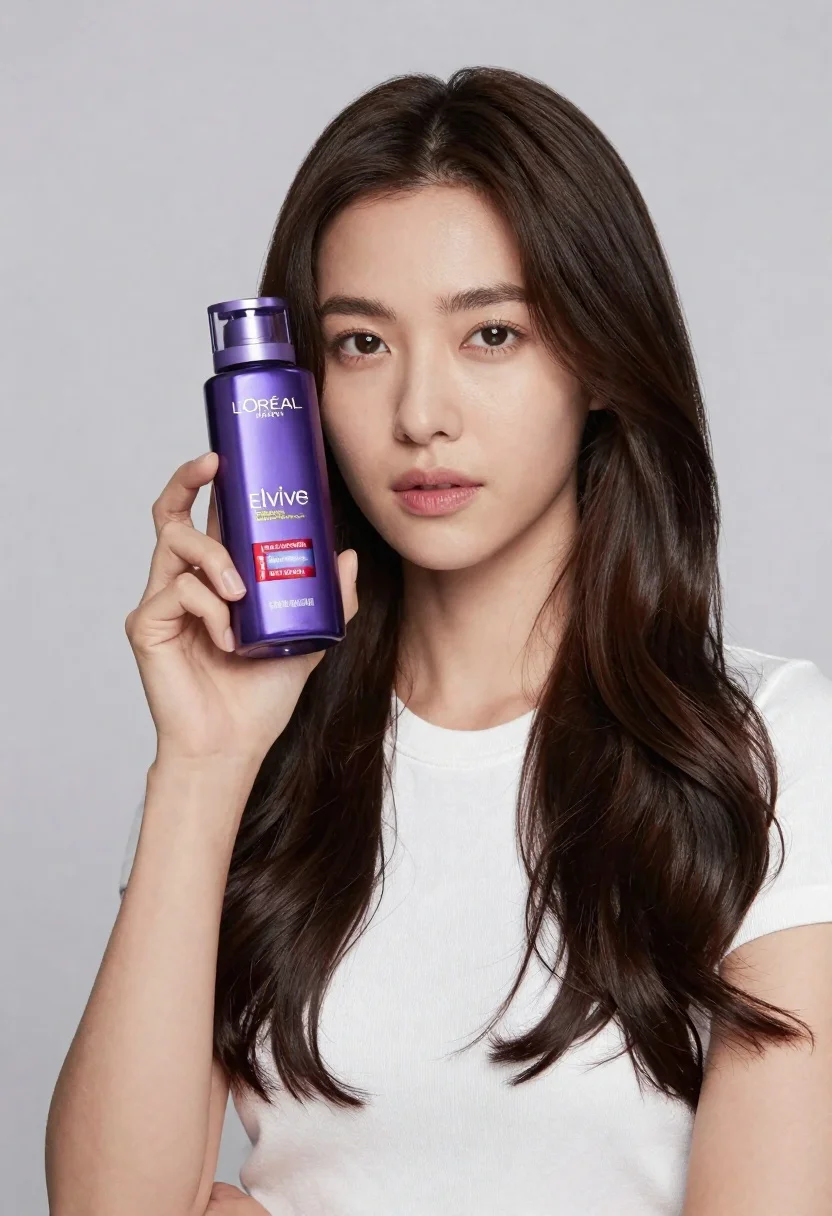 Woman With Long Dark Wavy Hair Holds Purple Oreal Elvive reference photo