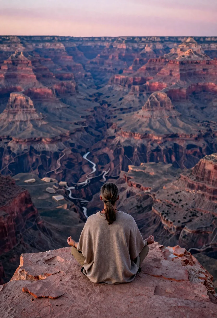 Ethereal Pink-hued Canyon Vista Zen Hiker Man Meditating The South reference photo