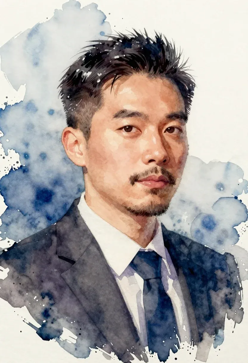 Watercolor Portrait Man With Short Dark Hair And Stubble Formal