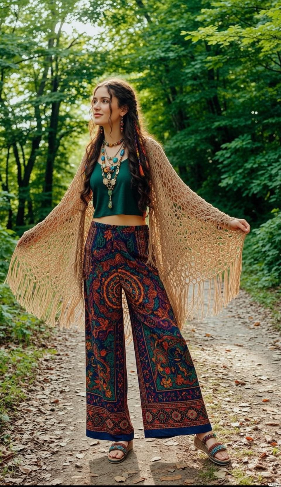 Forest Path Woman Paisley Pants Crochet Shawl