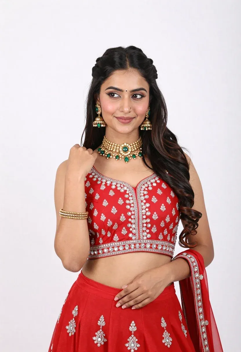 Young Woman With Long Dark Hair Styled Half-updo Poses Against