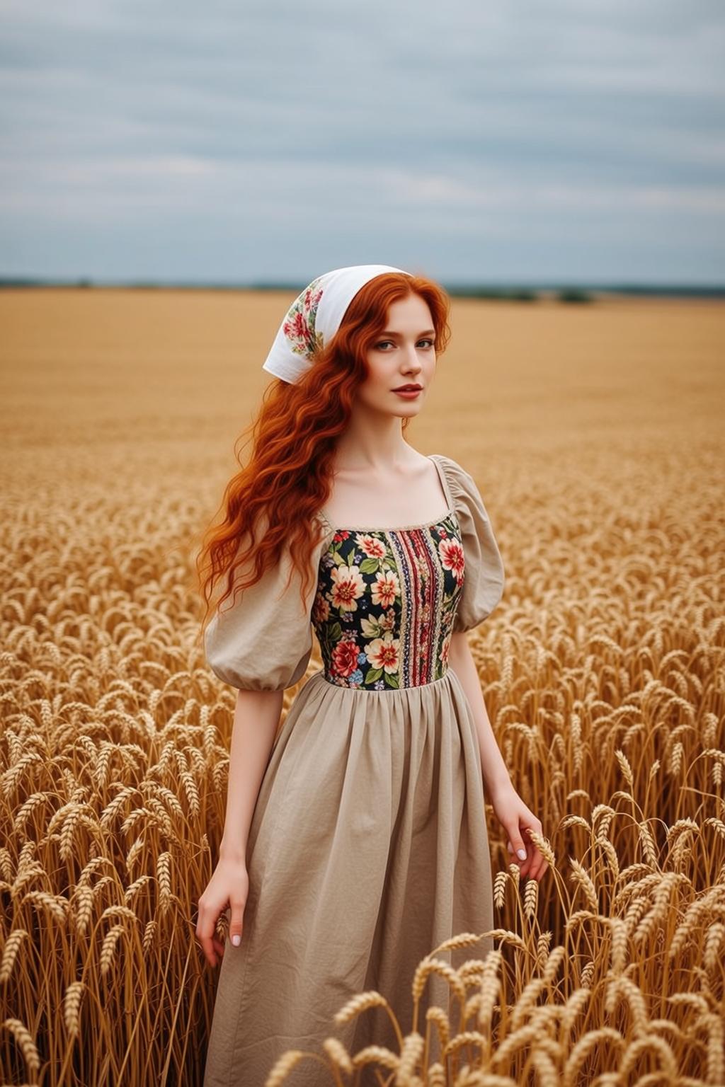 Autumn Stands Field Golden Wheat Her Body