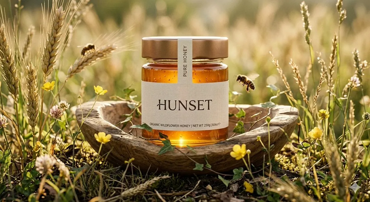 Honey Jar In Wheat Field Low Angle Macro